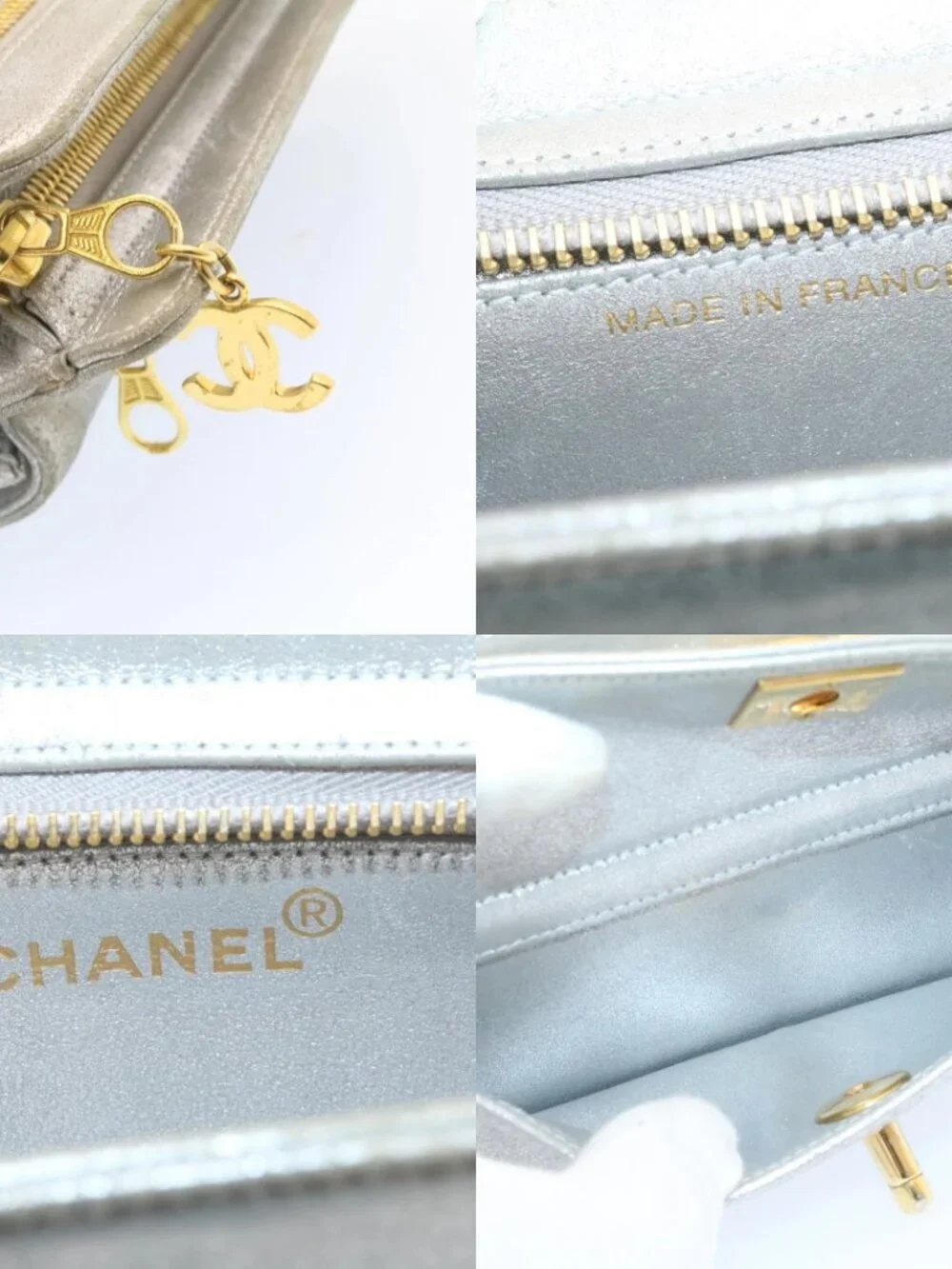 CHANEL Clutch Bag Leather Silver CC Auth 26857A
